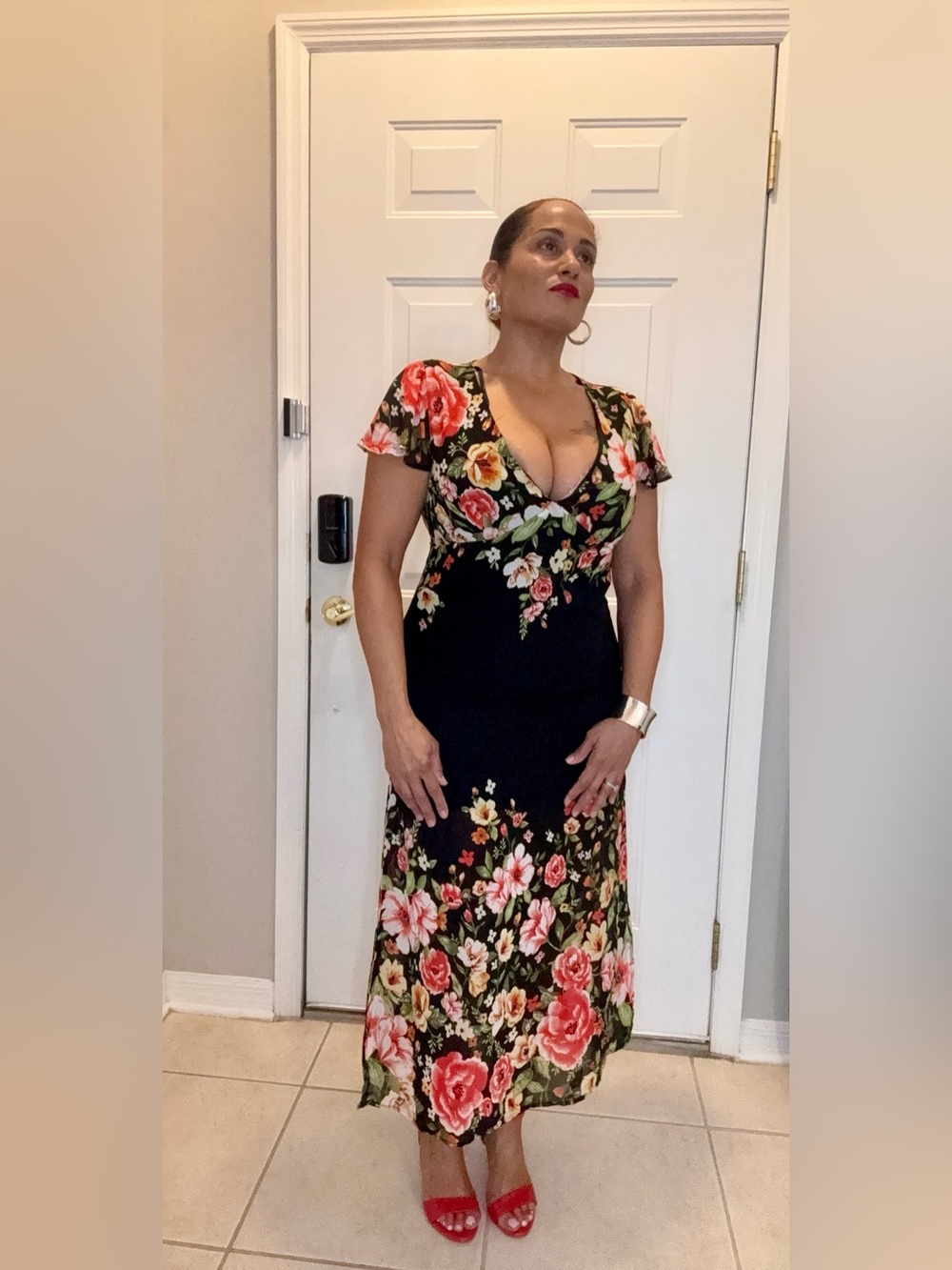 Forever 21 Black Floral V-Neck Maxi Dress with Red and Pink Blooms
